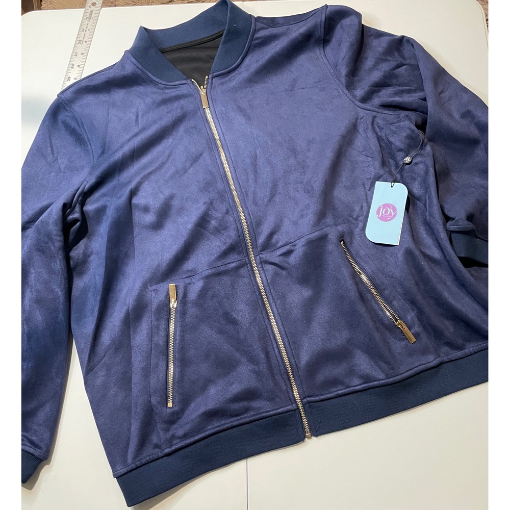 Joy Mangano Clean Boss Navy Faux Suede Bomber Jacket Women 2X Full Zip Gold